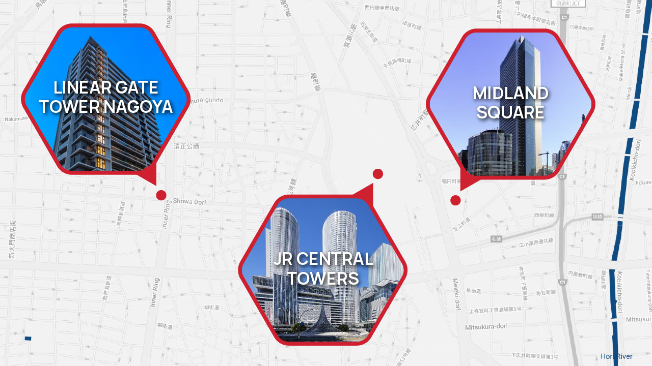 แผนที่ทำเล LINEAR GATE TOWER NAGOYA ในนาโกย่า ใกล้ JR CENTRAL TOWERS และ MIDLAND SQUARE